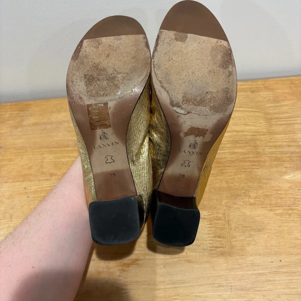 Lanvin Metallic Gold Block Heel Pumps Womens Size 39 Laminated Sheepskin Leather